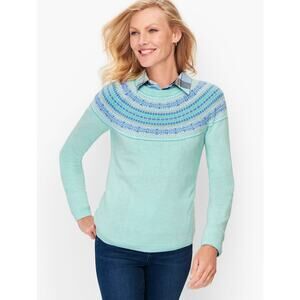 Talbots Fair Isle Yoke Crewneck Sweater Aqua Blue Women's Size M Lambswool Mint